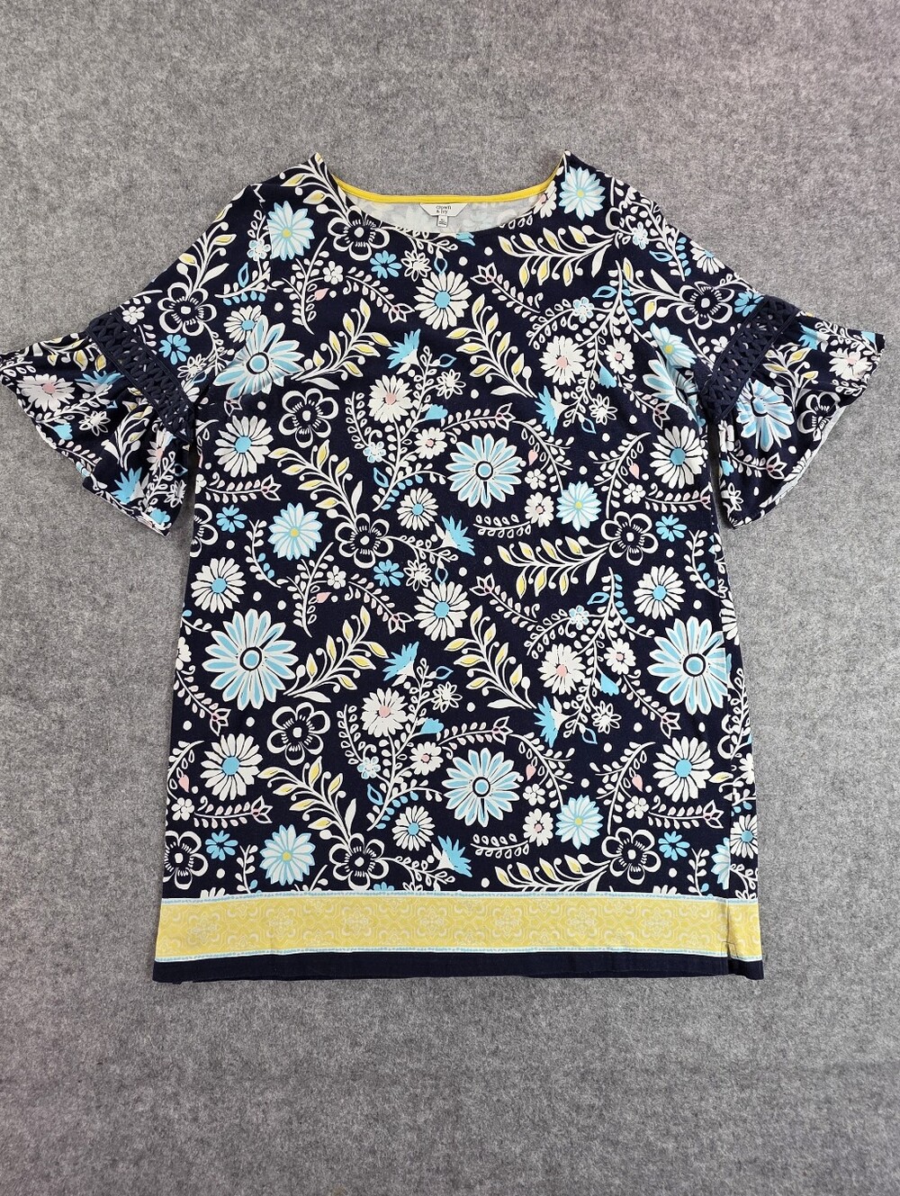 Crown & Ivy Navy Floral Top with Yellow Trim Women Tunic Shirt Dress